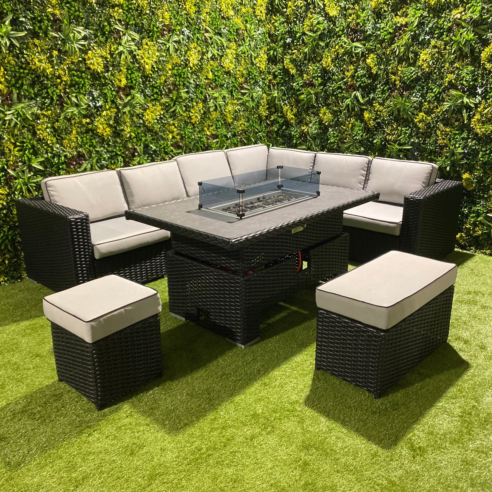 Outdoor Corner Rising Dining Set – Rattan & Aluminium design with built-in fire pit for ambiance