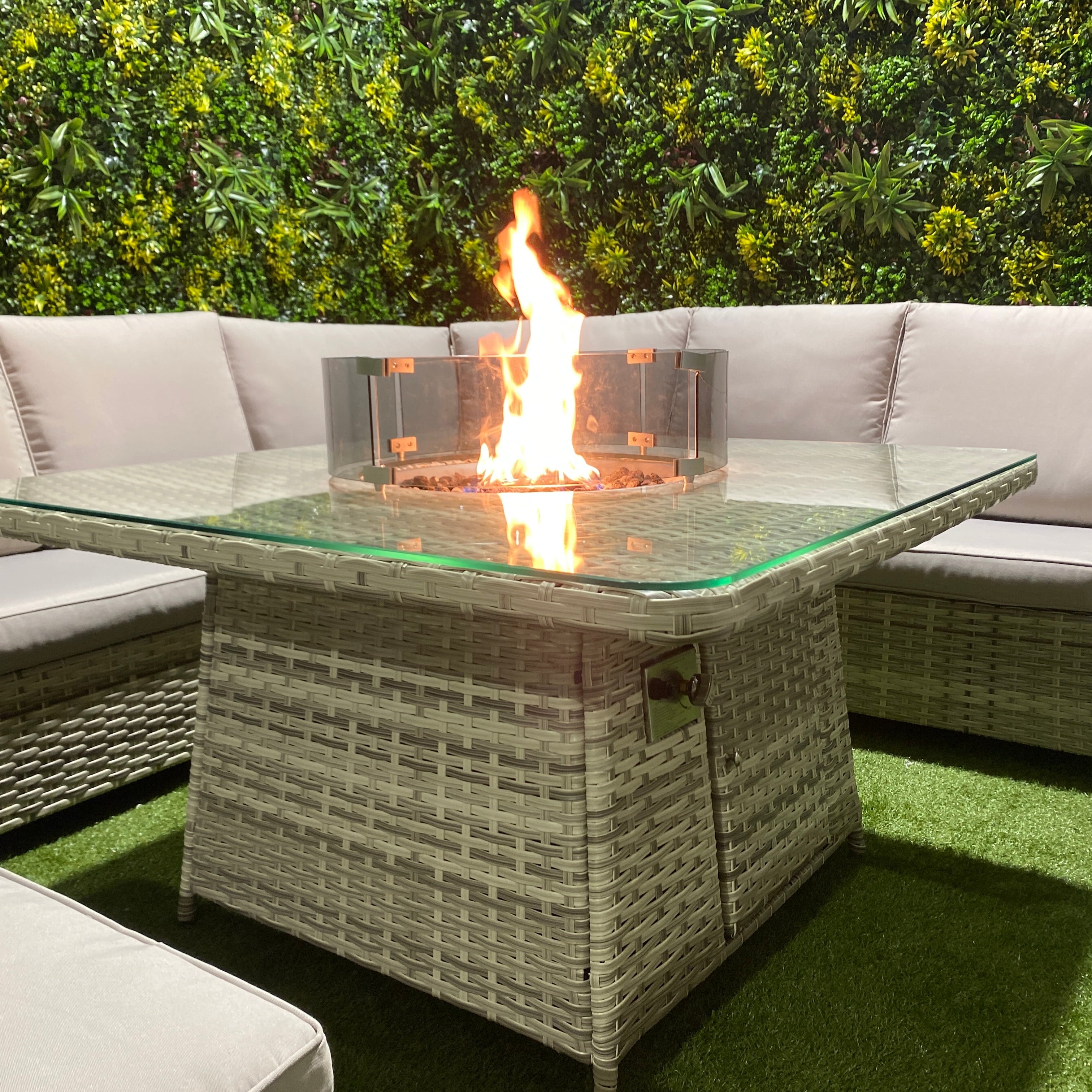 Durable rattan and aluminium dining set with fire pit table in Manchester