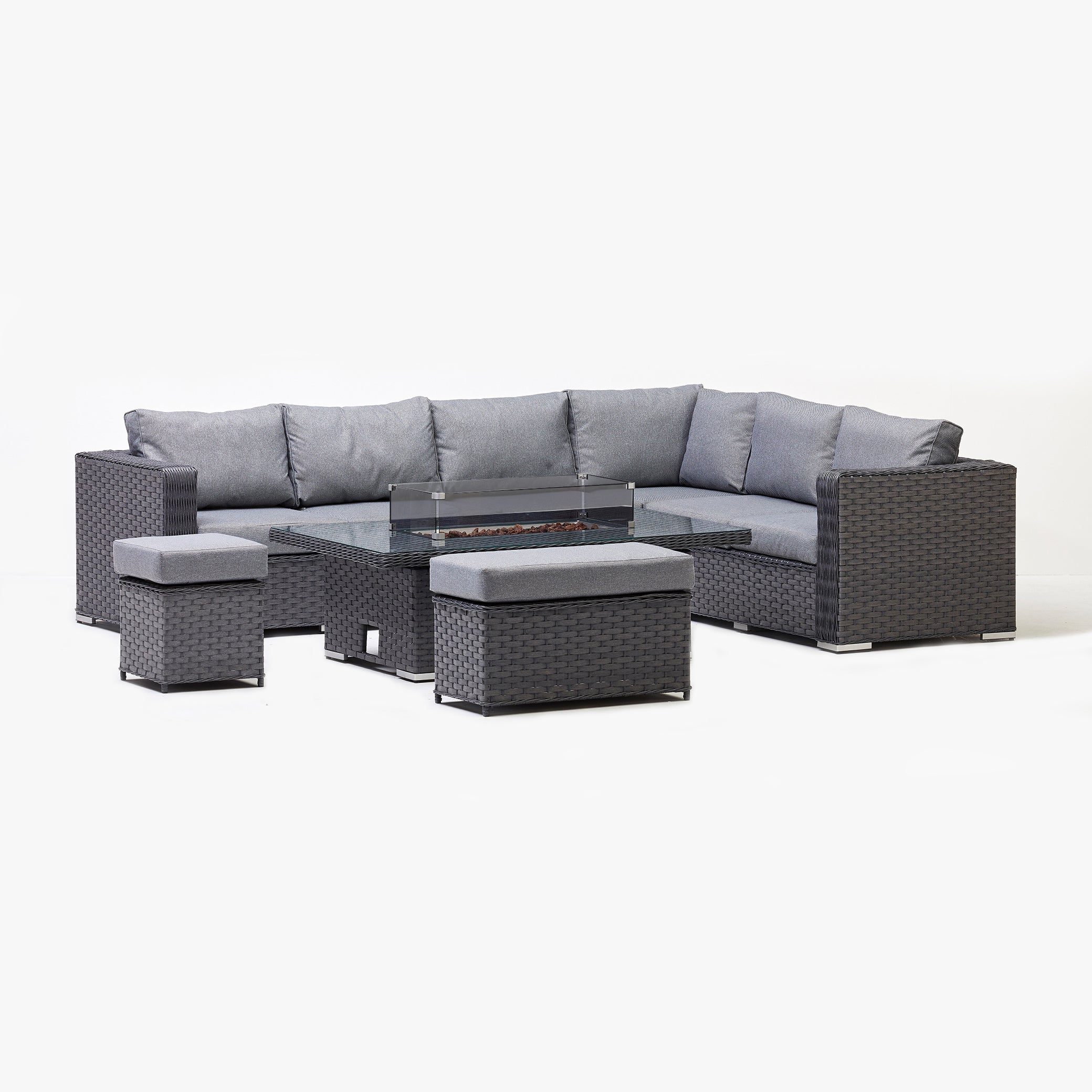 Chakra Rattan Garden Rising Corner Dining Set with Fire Pit In Grey (6694954401856)