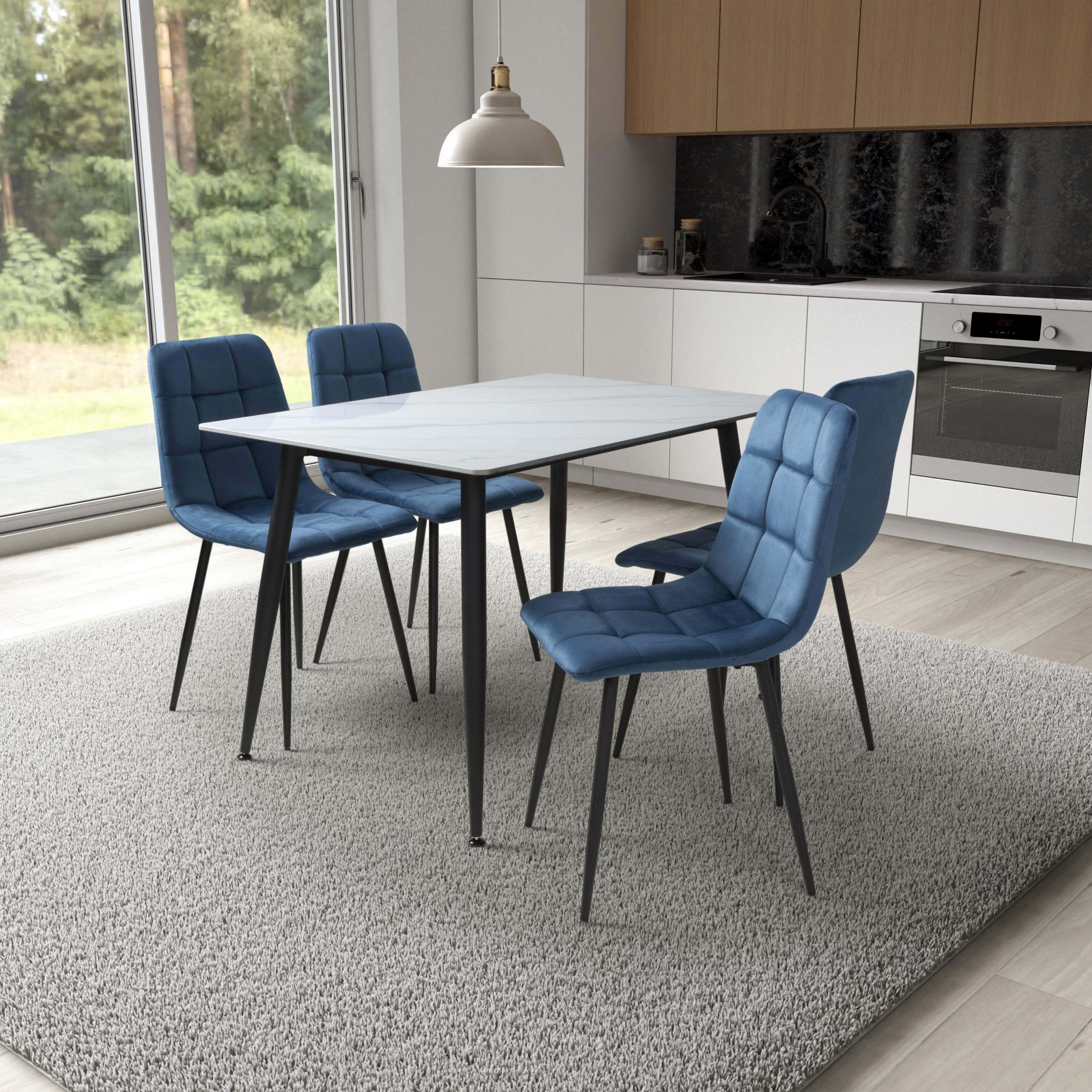 Stockholm 1.2m White Dining Table with Blue Loft Dining Chairs (14627326427514)