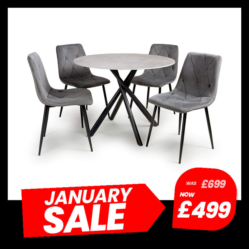 Alexa Grey Round Dining Table with Grey Luca Chairs (14892261704058)