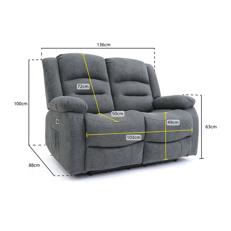 Alva Electric Recliner Sofa Grey Fabric 2 Seater (7021289668672)